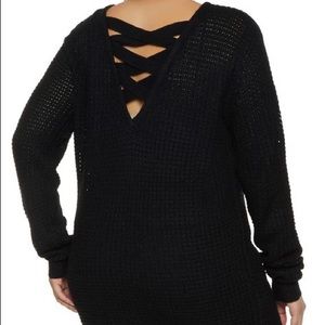 Plus Size Lace Up Tunic Sweater, BLACK